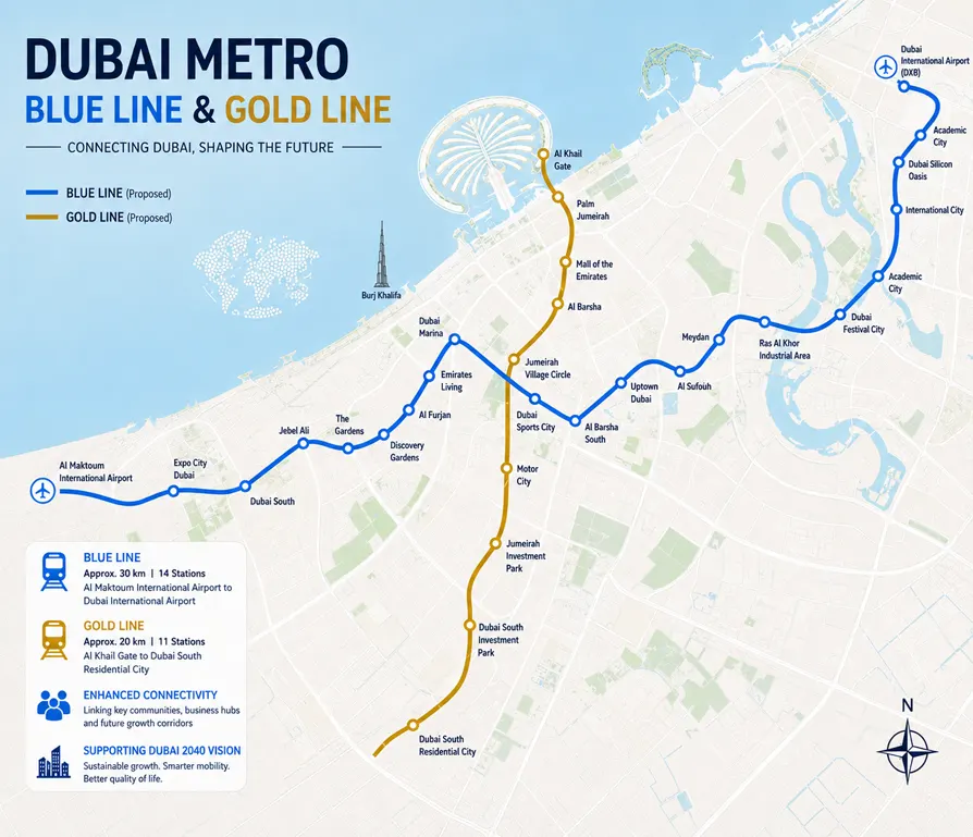 Dubai Metro Blue and Gold Lines